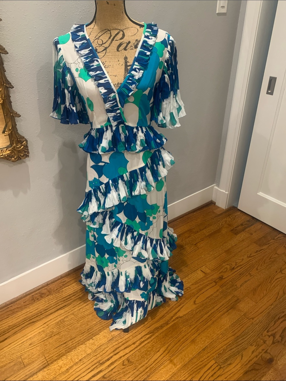 CeliaB Blue, Teal & White Ruffle-Trim V-Neck Maxi Dress
